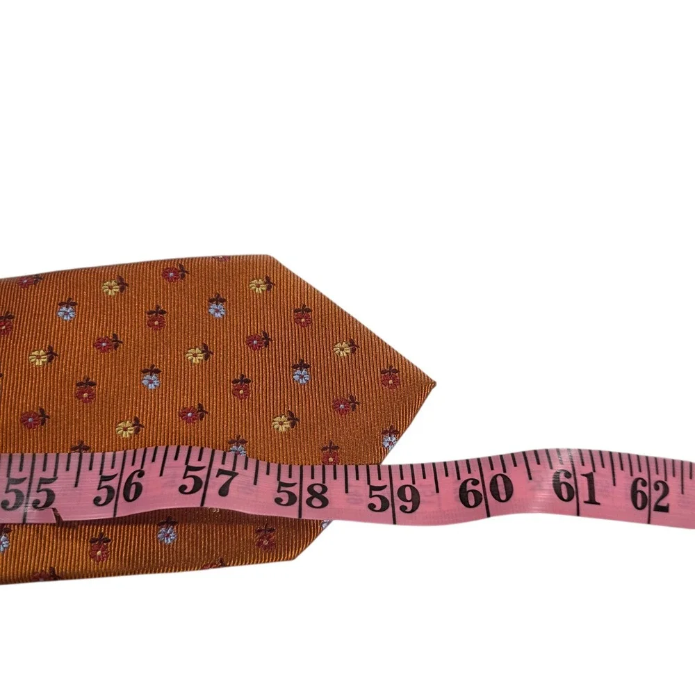 Les Copains Mens Necktie‎ Orange Silk Floral Striped Embroidered Long Luxury